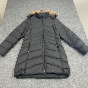 Marmot Puffer Parka Women L Black Down 700 Fill Faux Fur Trim Hooded Winter Coat
